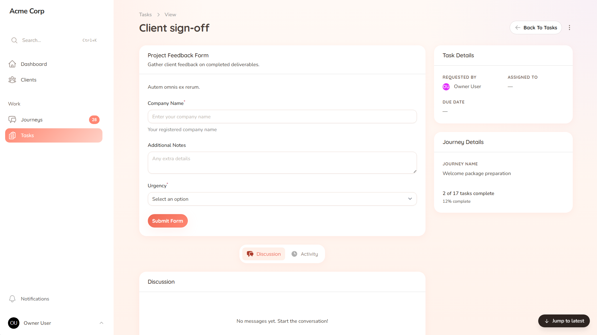 A detailed task view where the client submits information and uploads files